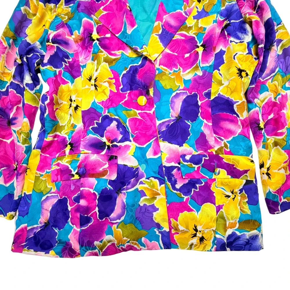 Vintage 100% Silk Floral Blazer Medium Multi Color‎ Dopamine 90s Career Luxury